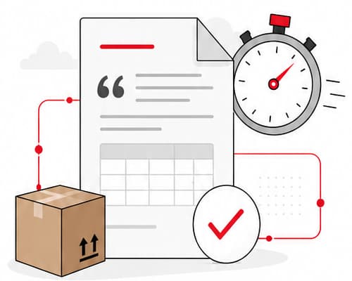 Illustration of a quote document, shipping box and stopwatch representing faster quoting and order tracking